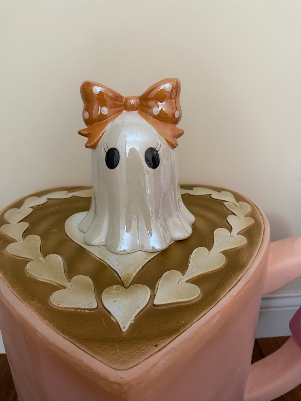Ceramic Iridescent Halloween Ghost with Orange & White Bow